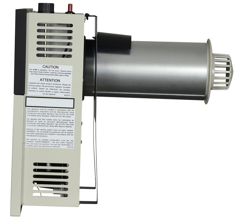 Ashley Hearth DVAG11L 11,000 BTU direct vent propane wall heater — left side view showing the direct vent pipe