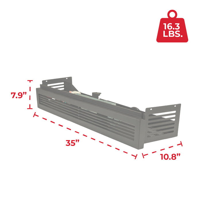 DVB25 blower dimensions diagram, 35 x 10.8 x 7.9 inches, 16.3 lbs