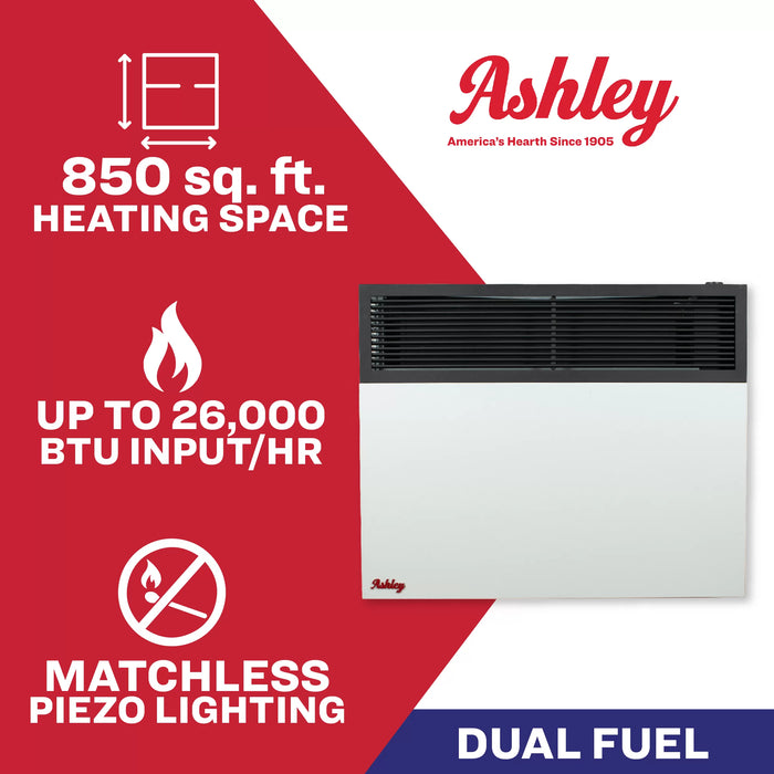 Ashley Hearth DVAG25-DF 25,000 BTU direct vent dual fuel wall heater — heats up to 850 sq ft, no electricity required