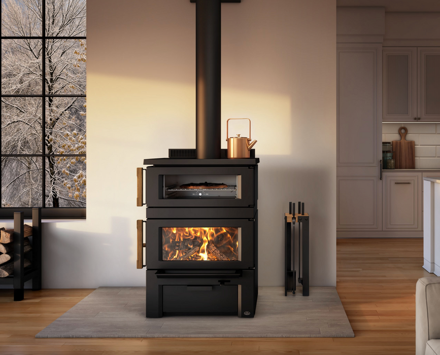 Osburn Gusto Wood Burning Cookstove (OB02047) close view showing the cooking surface, oven door and firebox