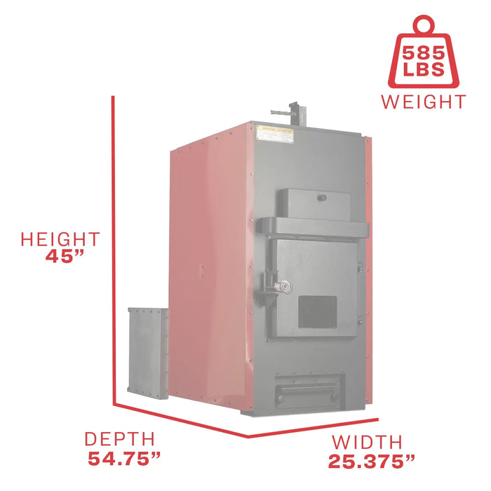 US Stove HB1520 dimension diagram: 45 in height, 25.375 in width, 54.75 in depth, 585 lb