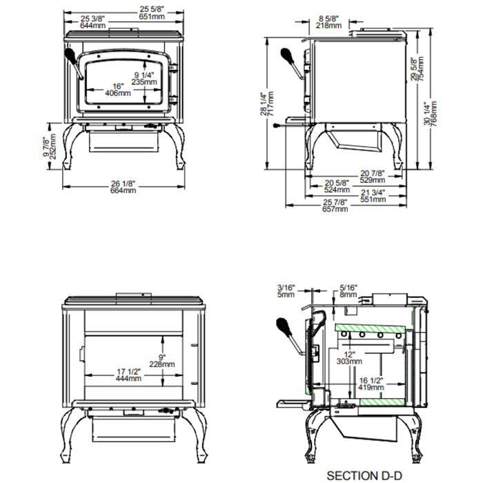 Drolet Escape 1800 Wood Stove On Legs - Black Door