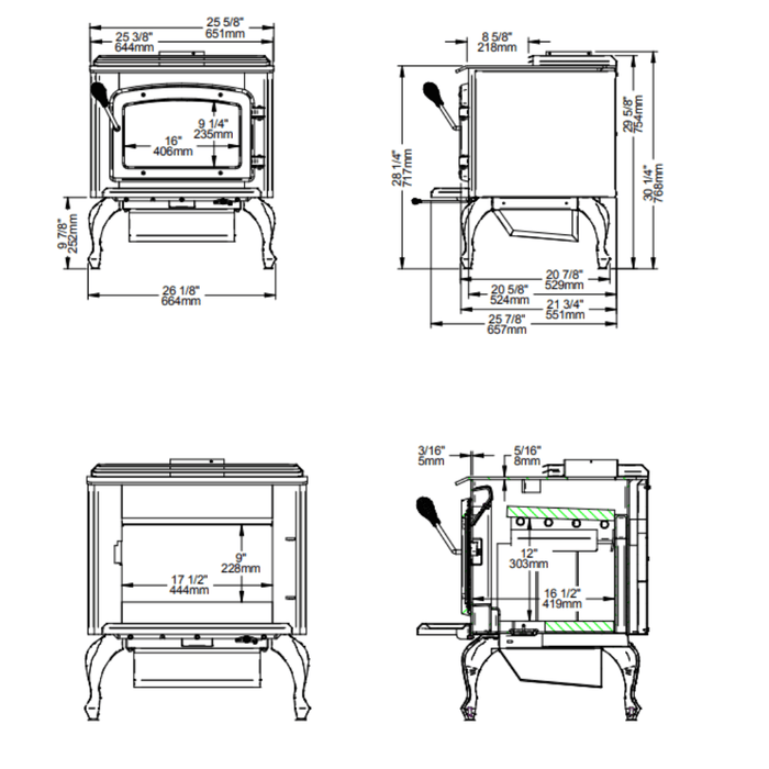 Drolet Escape 1800 Wood Stove On Legs With Brushed Nickel Door