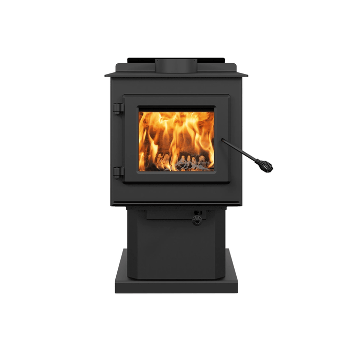 Englander Blue Ridge 100 N wood stove, front view with fire burning