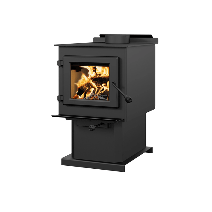 Englander Blue Ridge 100 N wood stove, right three-quarter view on pedestal