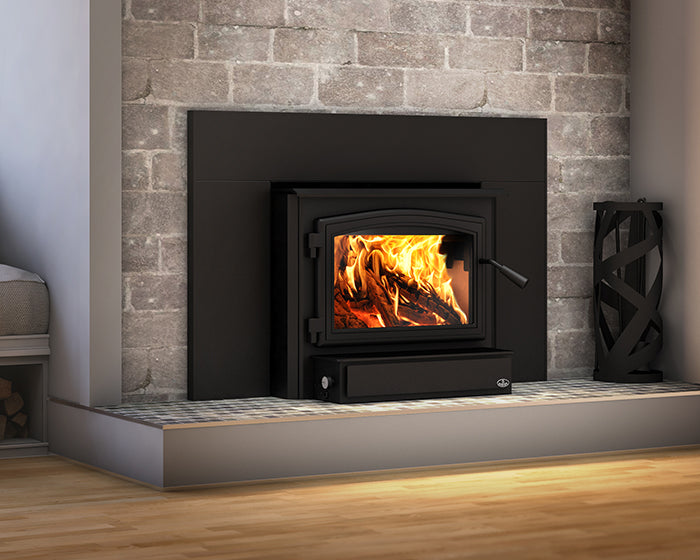 Osburn 2000 Wood Insert with brushed nickel trim, close view