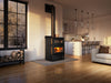 Osburn Gusto Cookstove (OB02047) shown from the side in an open-plan kitchen with island seating