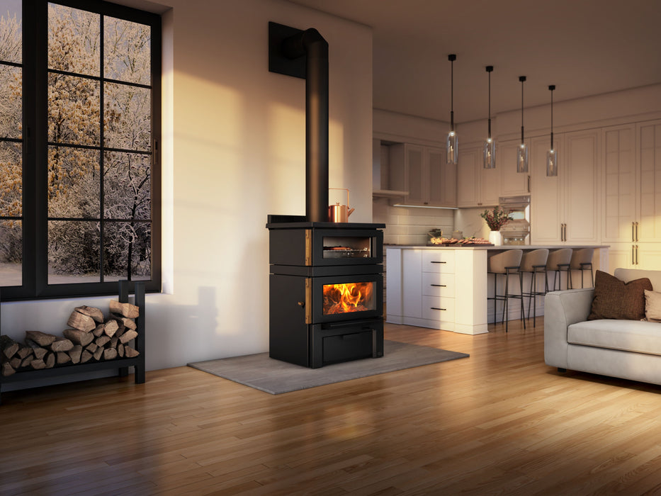 Osburn Gusto Cookstove (OB02047) shown from the side in an open-plan kitchen with island seating