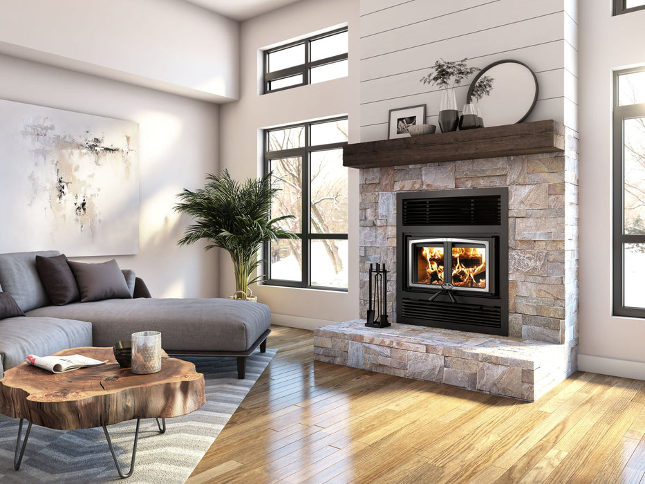 Osburn Everest III wood fireplace shown with alternate faceplate and door overlay finish