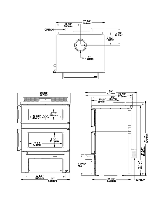 Osburn Gusto Cookstove (OB02047) dimension drawing — top, front and side views with overall height, width and depth
