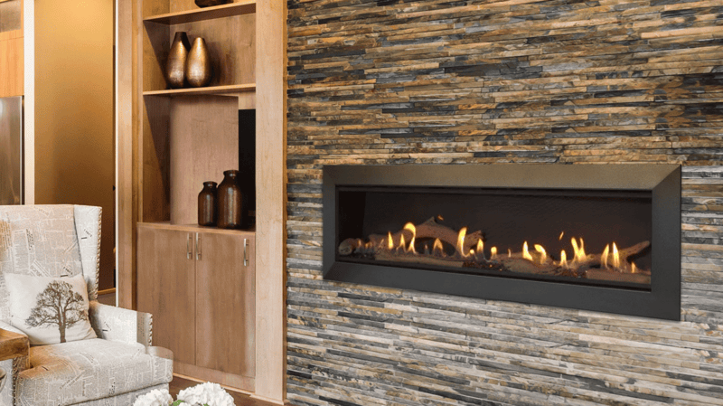 Majestic Echelon II linear direct vent gas fireplace lit
